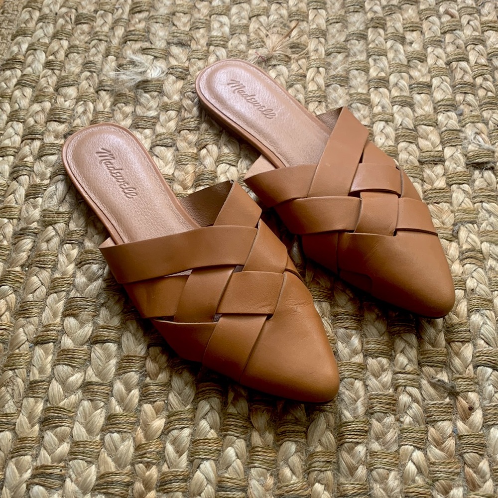 Tan leather woven Madewell slides